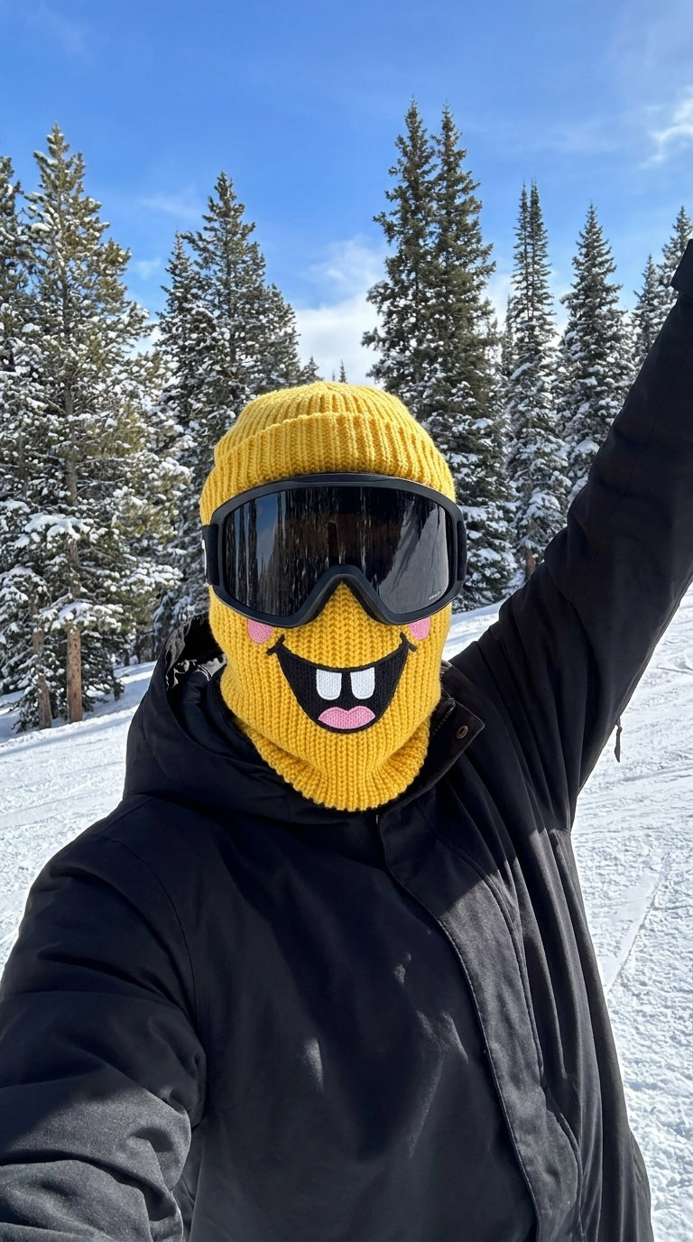 Skier wearing the Goofmask funny face ski mask with goggles